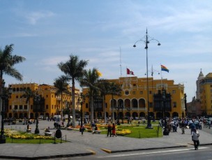 A beautiful historic district. This view shows the city hall of Lima. Notice the flag at the right representing the indigenous nations.